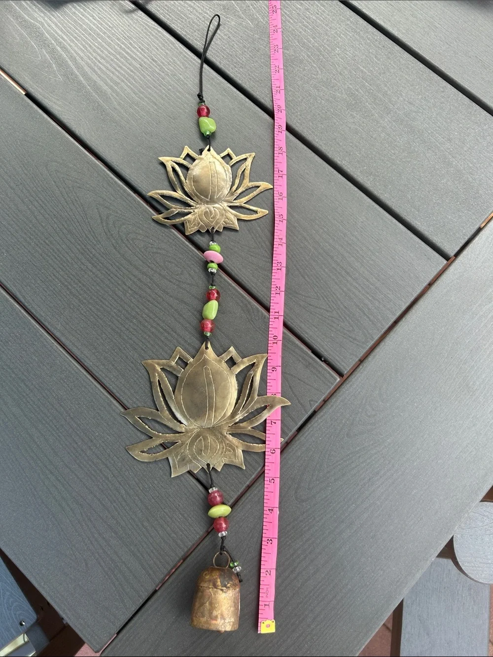 Brass Lotus Bell Wall Hanging with Red and Green Beads